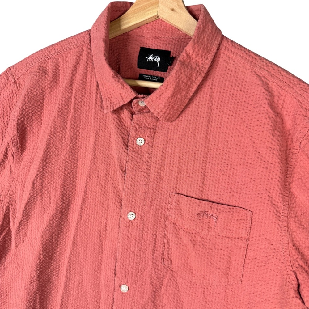 Stussy Mens Seersucker Short Sleeve Button Down Shirt Coral Pink Size M